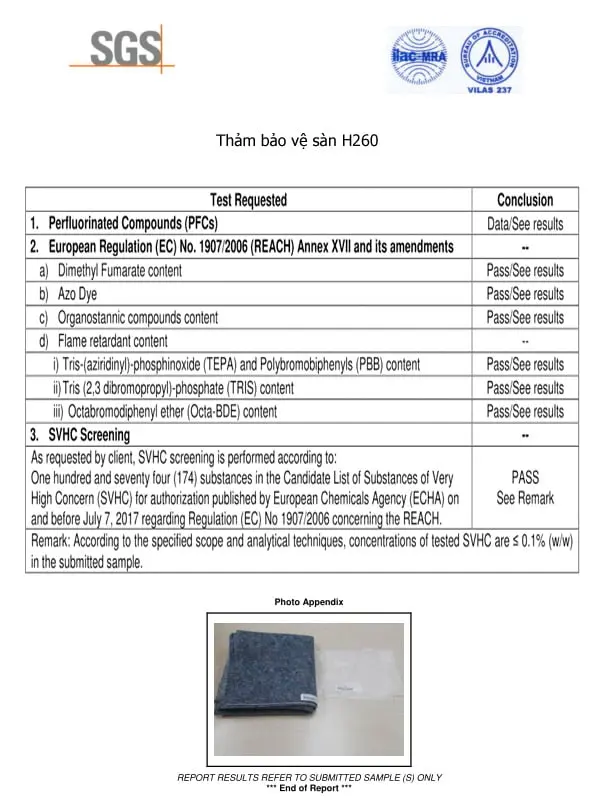 Thí nghiệm thảm bảo vệ sàn H260